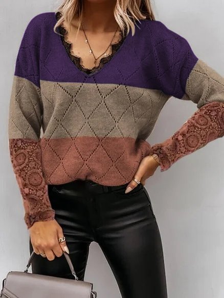 

Loosen Basics Color Block Sweater, As picture, Sweaters