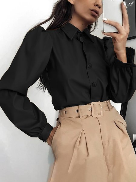 

Loosen Shirt Collar Simple Plain Top, Black, Blouses and Shirts