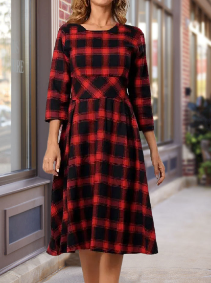 

Crew Neck Grid Casual Dresses, Red, Casual Dresses