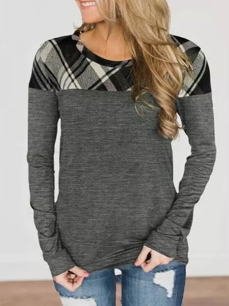 

Color-block Plaid Long Sleeves Crew Neck Plus Size Casual Tops, Multicolor, T-Shirts