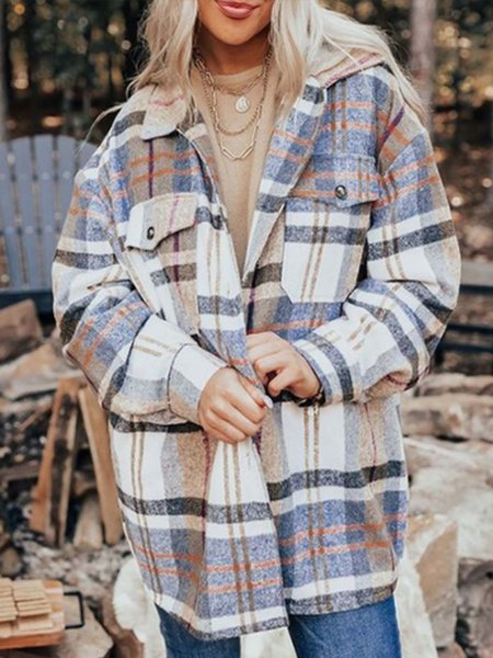 

Loosen Shirt Collar Statement Grid Outerwear, Blue, Coats