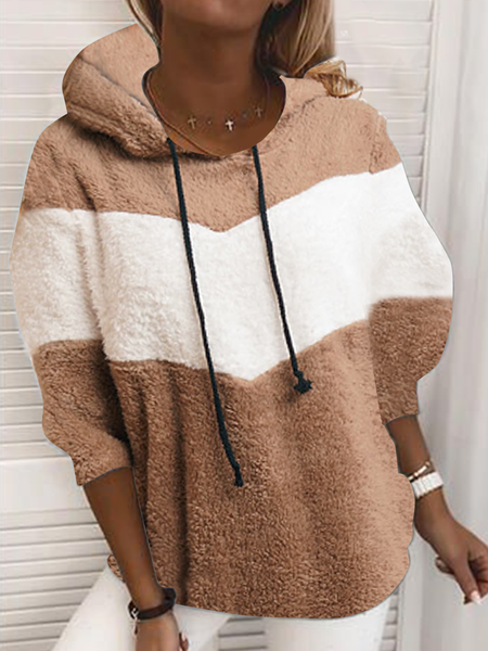 

Long sleeve round neck hooded geometric stripe stitched down warm top women, Apricot, Hoodies & Sweatshirts