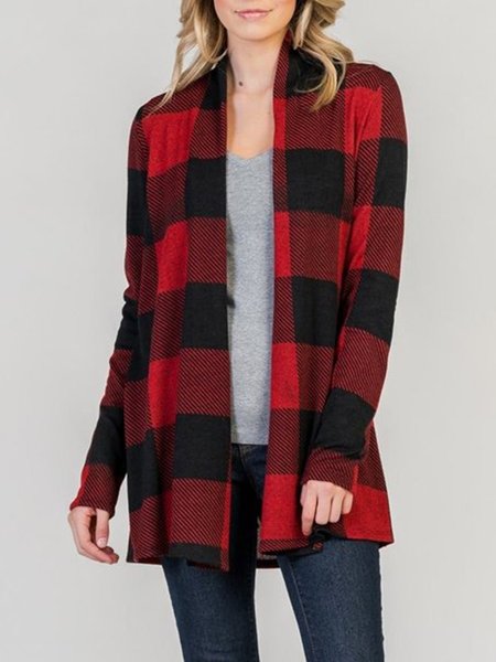 

Casual Checked/Plaid Cardigan Outerwear, Red, Outerwear