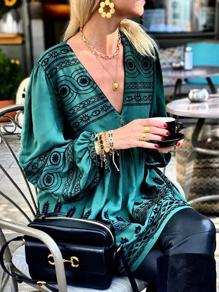 

Boho Tribal V neck Loosen Long Sleeve Shirts & Tops, Green, Tops