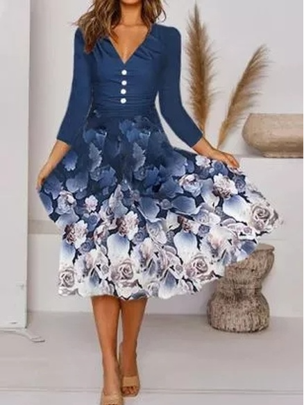 

Regular Fit V Neck Cotton Blends Dresses, Blue, Floral Dresses