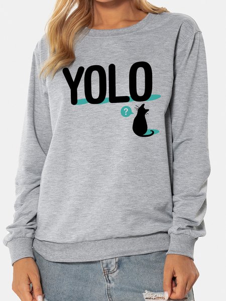 

Unocis Cat Print Crew Neck Long Sleeve Sweatshirt, Gray, Sweatshirts