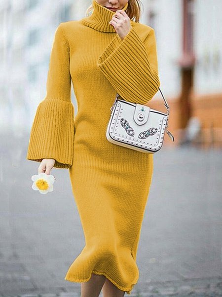 

Long sleeve Solid High Neck Solid Dress, Yellow, Midi Dresses
