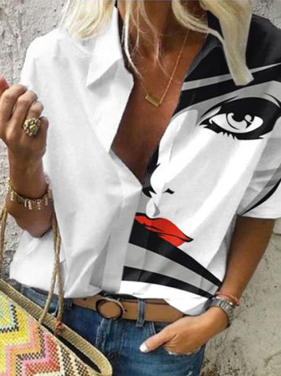

Abstract, Printed Loosen Long Sleeve Shirts & Tops, White, Shirts & Blouses