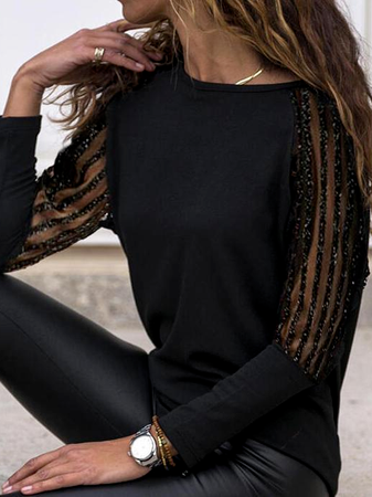 

Plain Casual Crew Neck Shirts & Tops, Black, Long sleeve tops