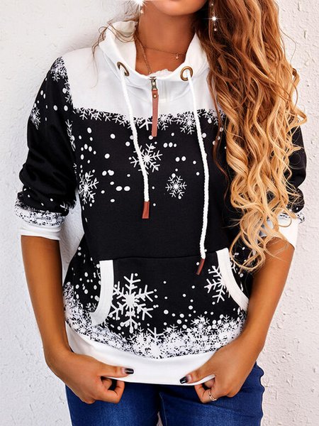 

Christmas Snowflake Color Block Casual Sweatshirt, Black-white, Hoodies & Sweatshirts