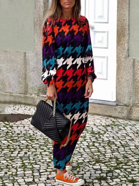 

Houndstooth Casual Round Neck Loosen Maxi Dresses, Multicolor, Maxi Dresses