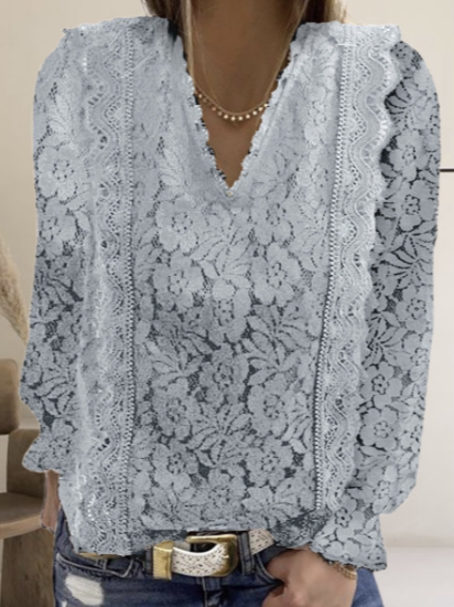 

Lace Loosen Plain V Neck Long Sleeve Tops, Gray, Tops