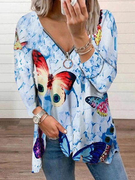 

Pastoral V Neck Butterfly Shirts & Tops, Blue, T-Shirts