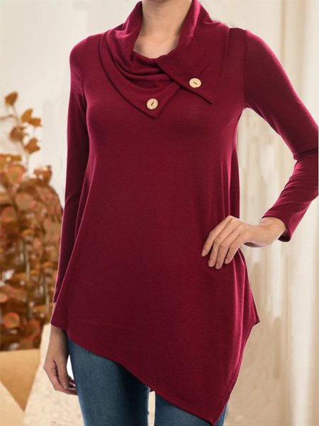 

Solido Maniche Lunghe Casuale Risvolto Top, Rosso, Blouses & Shirts