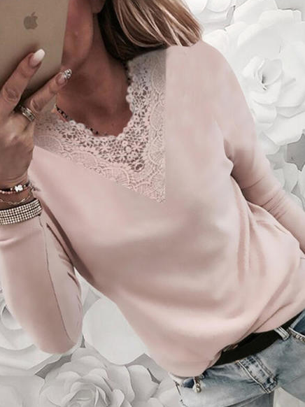 

Lace V Neck Plain Regular Fit Shirts & Tops, Pink, Long sleeve tops