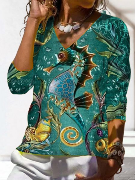 

V Neck Vacation Loosen Sea Animals Tops(accessory not included), Mint, Long sleeve tops