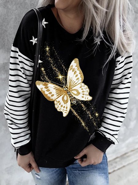 

Casual Butterfly Crew Neck Shirts & Tops, Black, Long sleeve tops