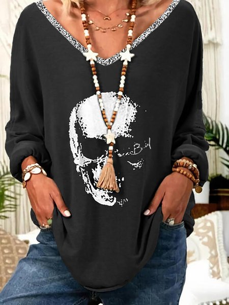 Skull Print Sequin V Neck Long Sleeves Loose Casual T-shirts, Black, Long sleeve tops