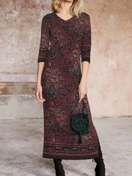 

Long Sleeve Round Neck Printed Dresses, Reddish black, Maxi Dresses