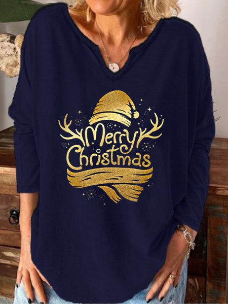 

Christmas Print Notched Neck Long Sleeve Shirt, Purplish blue, Hoodies&Sweatshirts