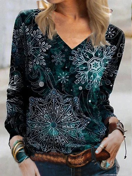 

Snowflake Cotton Blends Casual Shirts & Tops, Darkgreen, Tops
