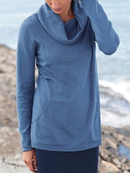 

Casual Loosen Solid Cowl Neck Long Sleeve Shirts & Tops, Blue, Tops