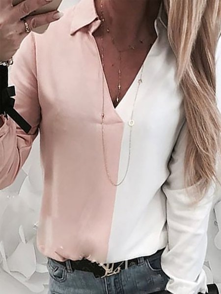 

Color-block Long Sleeves Plus Size Casual Shirt Tops, Pink-white, Blouses & Shirts