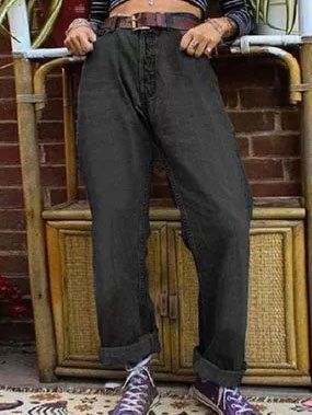 

Black Denim Loosen Casual Straight Leg Pants, Pants