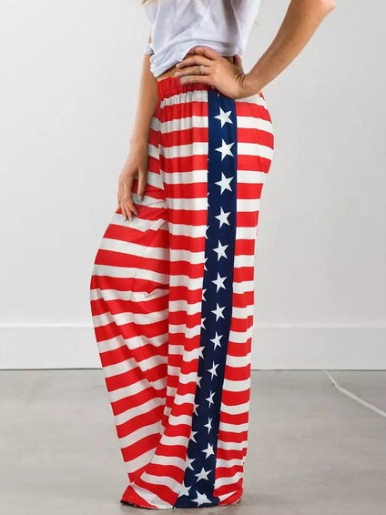 

Striped and star print casual loose trousers, Red, Pants