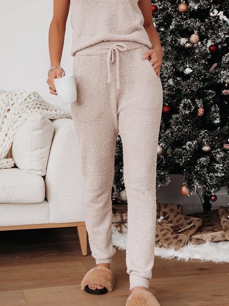

Casual Loosen Plain Pants, White-brown, Pants