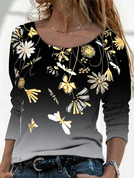 

Long sleeve round neck geometric gradient plant flower top t-shirt female, Black, Long sleeve tops