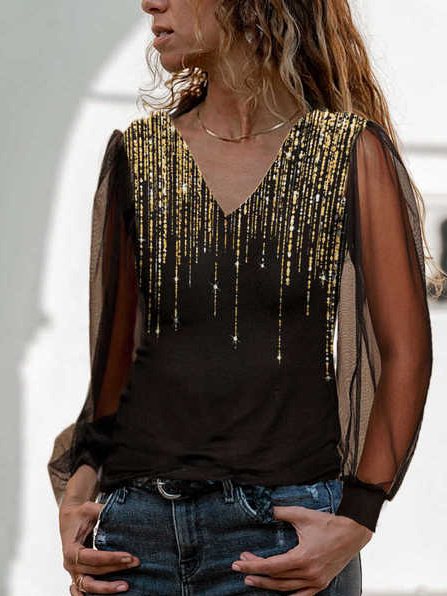 

Polka Dots V Neck Casual Shirts & Tops, Black, Long sleeve tops