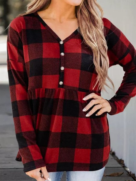 

Plaid Long Sleeves V Neck Plus Size Casual Tops, Red, T-Shirts