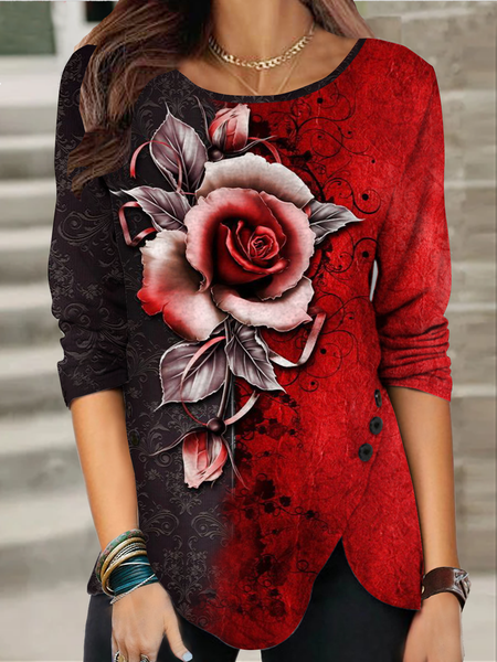

Long sleeve round neck geometric gradient plant flower rose button top t-shirt female, Black-red, Long sleeve tops