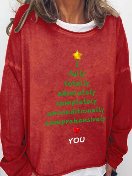 

I Love You Christmas Casual Cotton Blends Crew Neck Sweatshirts, Red, Hoodies&Sweatshirts