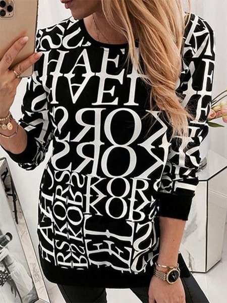 

Letters Printed Long Sleeve Crew Neck Plus Size Casual Sweatshirts, Black-white, Hoodies & Sweatshirts