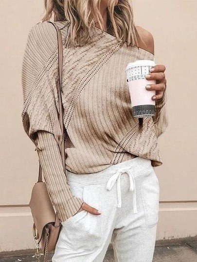 

Pure color casual characteristic one-shoulder sweater, Khaki, Sweaters