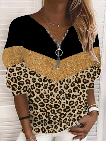 

Long sleeve V-neck zipper geometric stripe leopard print top T-shirt women, Yellow, Long sleeve tops