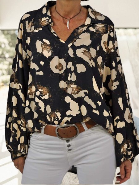 

Loosen Floral Shirt Collar Casual Shirts & Tops（accessory not included）, Black, Long sleeve tops