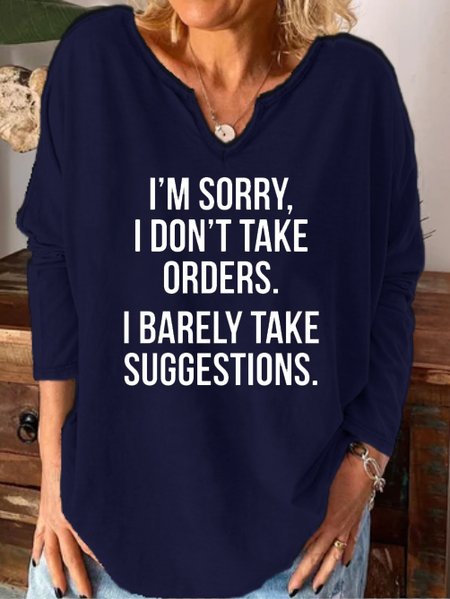 

Funny text print notched neck long sleeve shirt, Purplish blue, Long sleeves