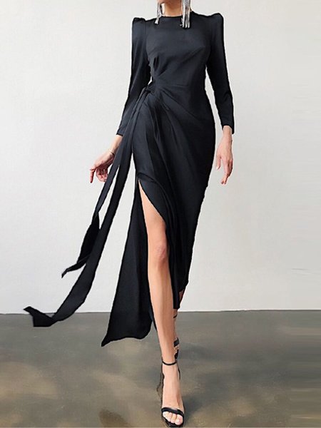 

Elegant Simple Lady Crew Neck Plain Regular Fit Dress, Black, Maxi Dresses