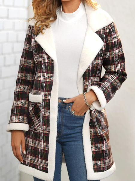 Long sleeve flat Lapel Plaid stitched Plush warm medium length coat, Multicolor, Coats