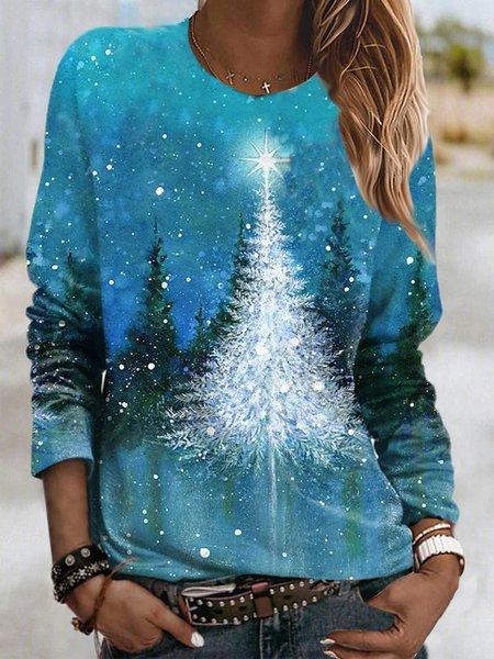 

Christmas Landscape Print Crew Neck Shirts & Tops, Blue, Tees & T-shirts
