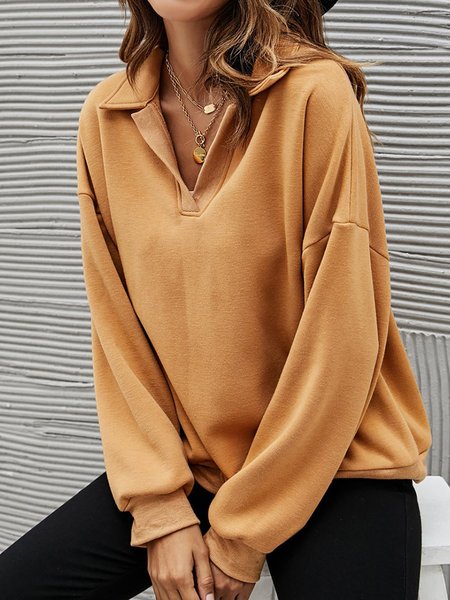 

V-Neck Solid Color Turn-Down Collar Casual Sweatshirt, Camel, Sweatshirts & Hoodies