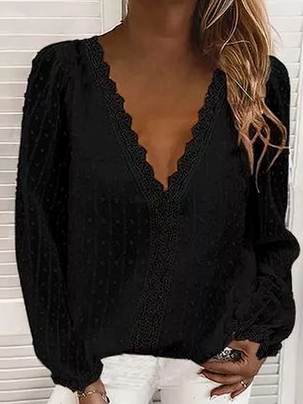 

Plain Casual V Neck Cotton Blends Shirts & Tops, Black, Shirts & Blouses