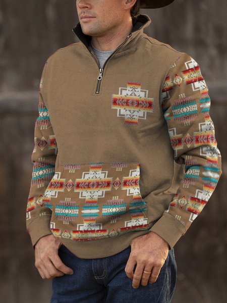 

Western ethnic print patchwork sweatshirt, Coffee, Hoodies&Sweatshirts
