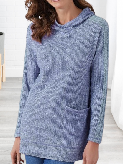 

Hooded solid color loose single pocket sweater, Blue, Long sleeve tops