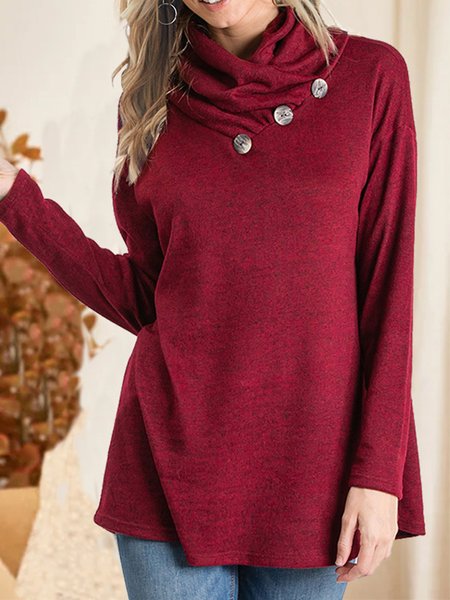 

Cowl Neck Solid Casual Long Sleeve Shirts & Tops, Red, T-Shirts