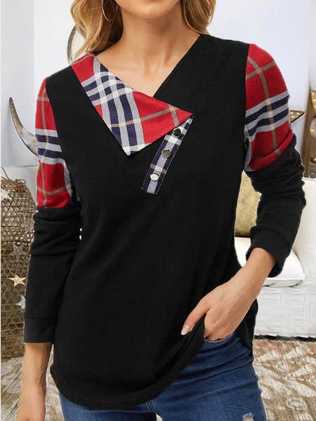 

Grid Loosen Cotton Blends Asymmetrical Neck Shirts & Tops, Black, Long sleeve tops