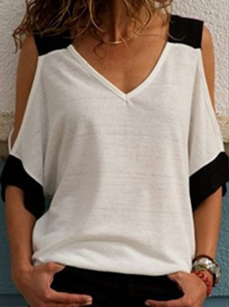 

Casual V Neck Plain Tops, White, Tops